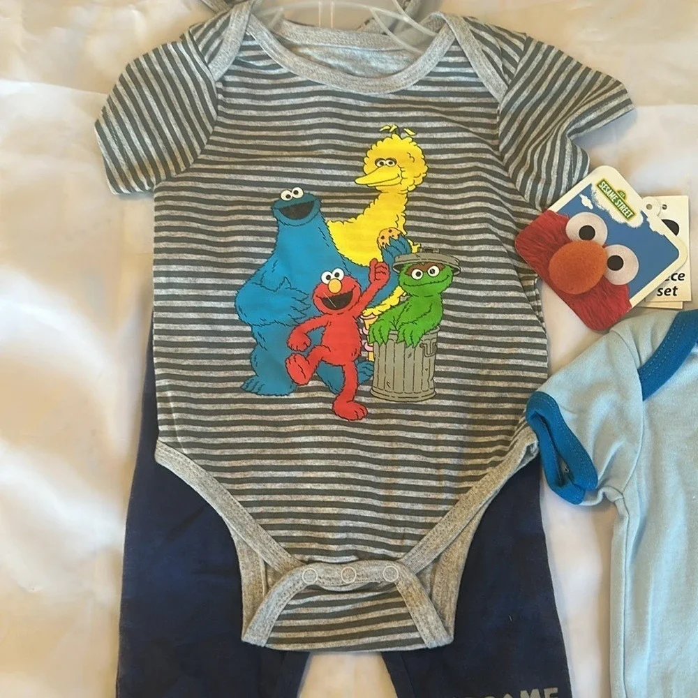Sesame Street Baby Boy 3 Piece Set Elmo Cookie Monster Gray Navy Blue 6-9 Months
